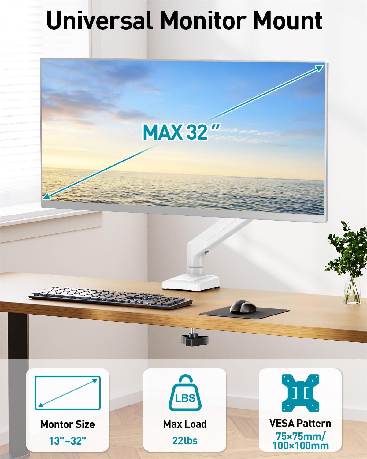 Single Monitor Arm Desk Mount Fits 13 to 32 inch Computer Screens, Holds 4.4 to 22lbs Display VESA Mount, Adjustable Monitor Stand with Clamp/Grommet Mounting Base, 75/100mm Bracket, White, Freelift