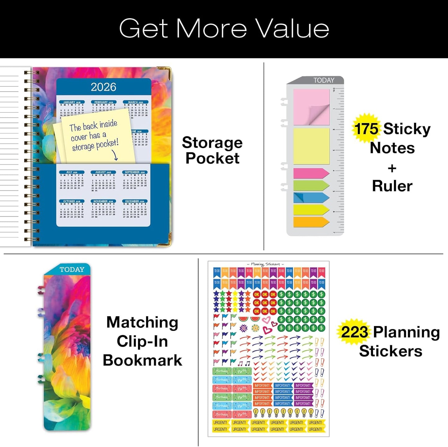 HARDCOVER Academic Year 2025-2026 Planner: (June 2025 Through July 2026) 8.5"x11" Daily Weekly Monthly Planner Yearly Agenda. Bookmark, Pocket Folder and Sticky Note Set (Rainbow Petals)