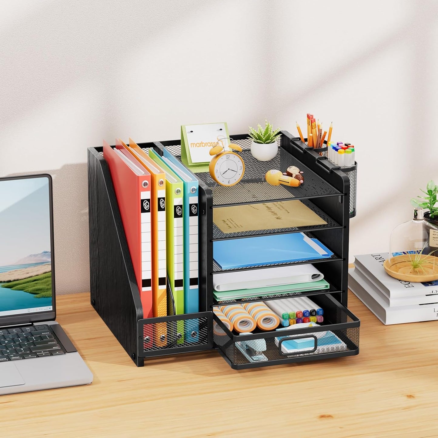 Marbrasse Desk Organizer with File Holder, 5-Tier Paper Letter Tray Organizer with Drawer and 2 Pen Holder, Mesh Desktop Organizer and Storage with Magazine Holder for Office Supplies (Wood-Black)