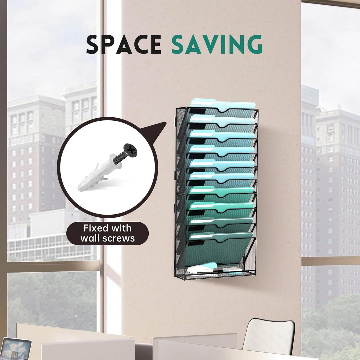 SUPEASY 11-Tier Wall File Organizer, Hanging Wall Files for Papers, Folders, Magazines, Wall Organizer for Clipboard, Assembly Needed, Black