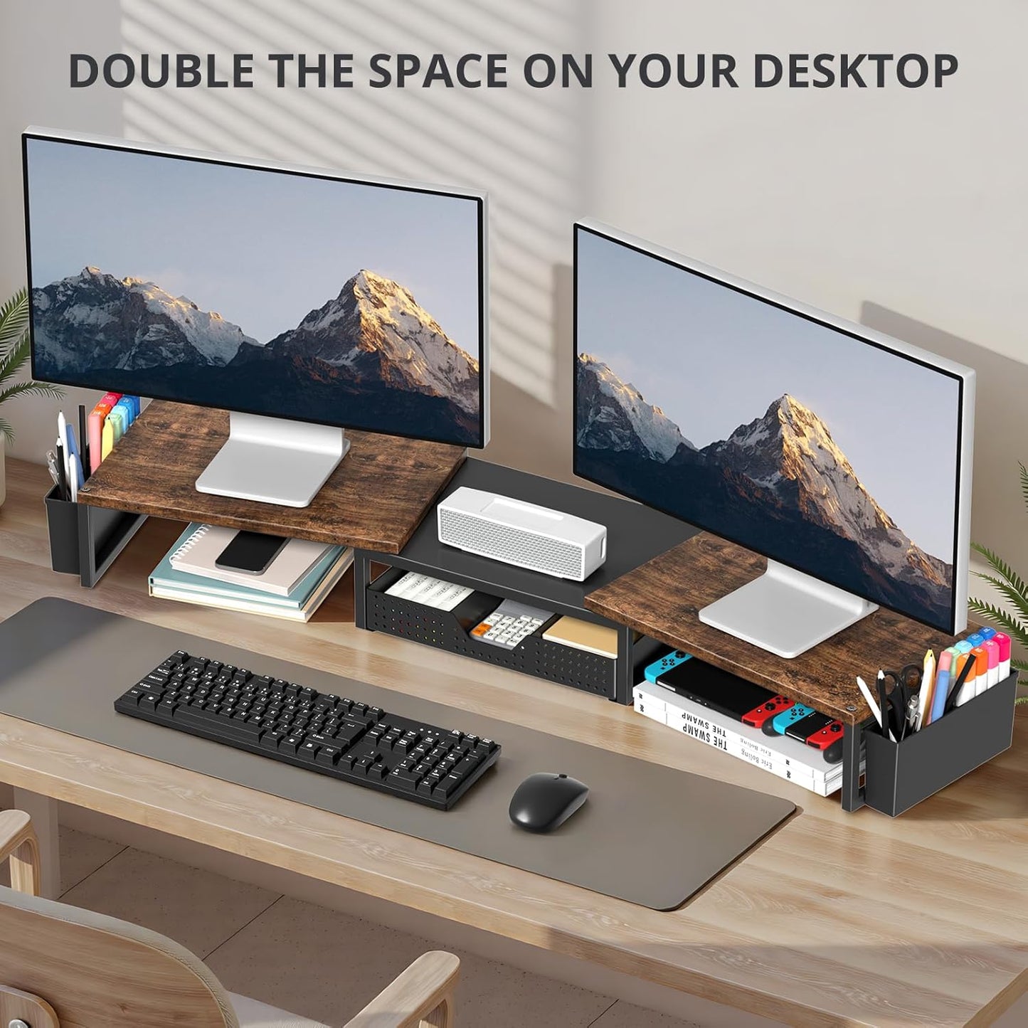 Desk Dual Monitor Stand Riser - Desk Organizer with Drawer and Pen Holders, Office Desk Accessories & Workspace Organization, Computer Monitor Stand for Laptop, Printer, TV, Office Decor, Wood
