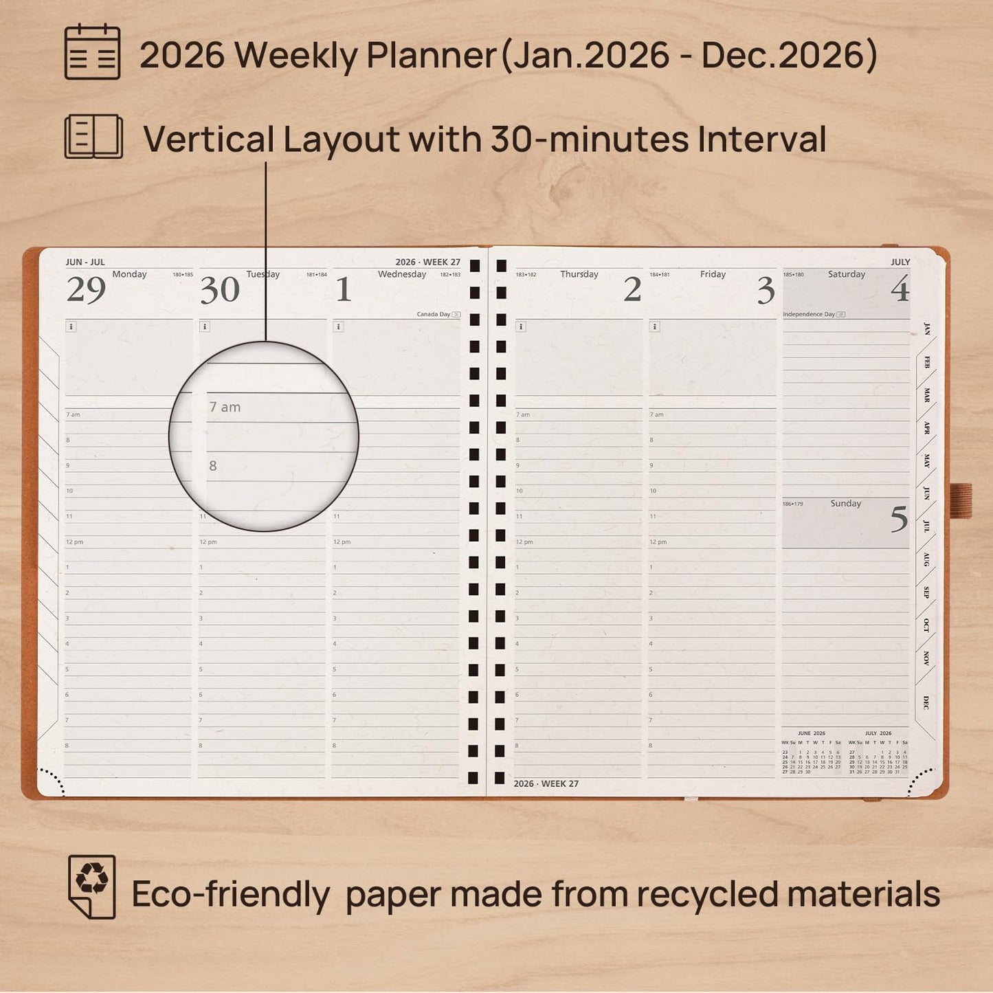 POPRUN 2026 Planner - 2026 Recycled Weekly Planner [Italian Regenrated Leather - Medium Size 8.5'' x 10.5''] - 2026 Weekly Planner with Hourly Schedule, Monthly Tabs-26-WERK7-DST - Desert Brown
