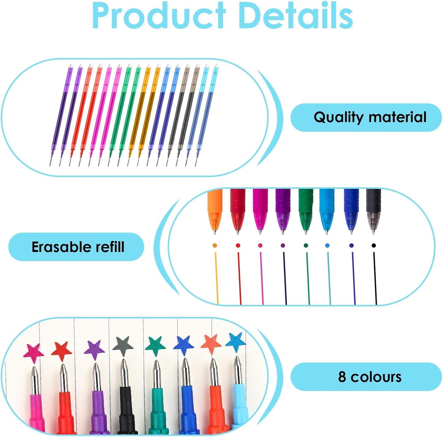 0.7 mm Erasable Gel Ink Pen Refills Compatible with Frixion Friction, Smooth Writing Multicolor Retractable Fine Point Pen Refill for School Office Home Art (8 Colors, 16)