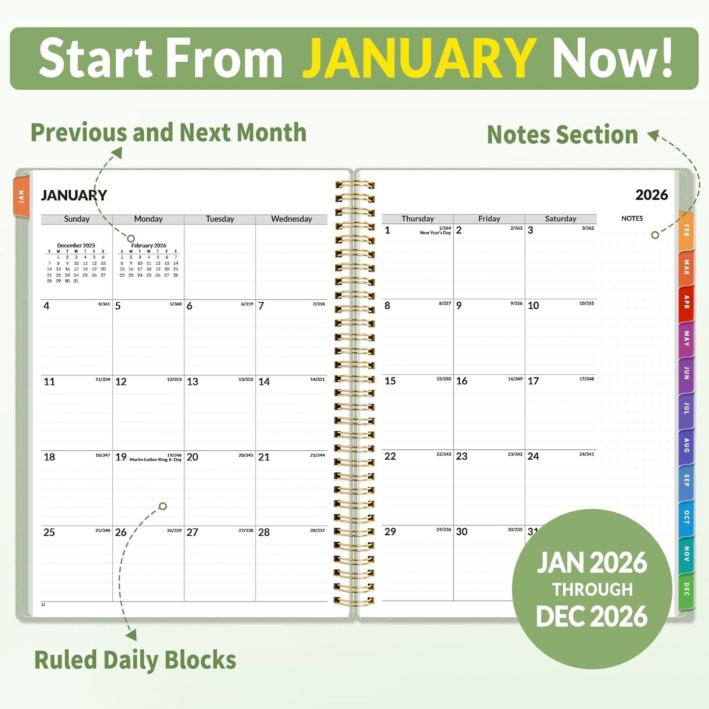 SUNEE 2026 Appointment Planner 15-Minute Time Block – Weekly & Monthly Spiral Organizer with Note Section – Thick Paper, Lay-Flat Bound – 8.5 x 11 for Office, School, Salon, Men & Women, Sage Green