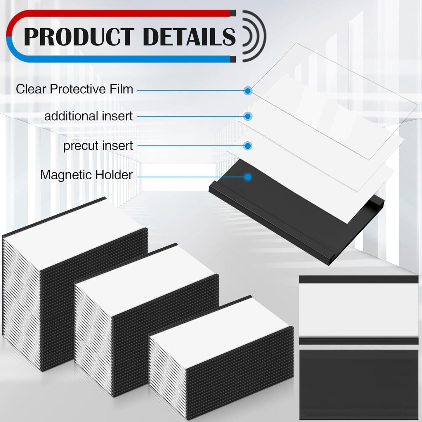 Glenmal 30 Pieces C Channel Magnetic Label Holders Set 3 x 5 Inch Magnet Shelf Label Holder with Protective Films and Replacement Strips for Metal Racks Whiteboard Name Tags