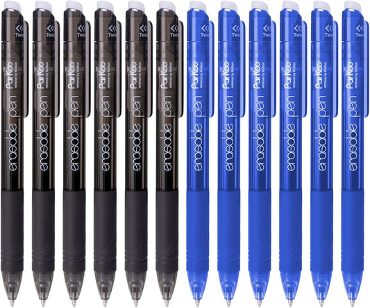 ParKoo Retractable Erasable Gel Pens 0.7mm, 6 Black/6 Blue Twist Pens Fine Point, Make Mistakes Disappear, Smooth Writing with Comfortable Grip for Journaling Drawing Note Taking