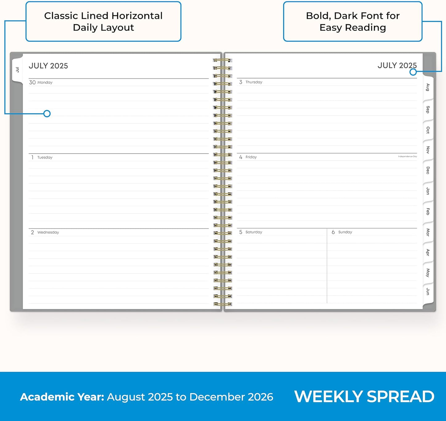 Blue Sky 17 Month 2025-2026 Weekly and Monthly Academic Year Planner Calendar, August 2025 - December 2026, 8.5" x 11", Flexible Cover, Wirebound, Laminated Tabs, Silver Metallic