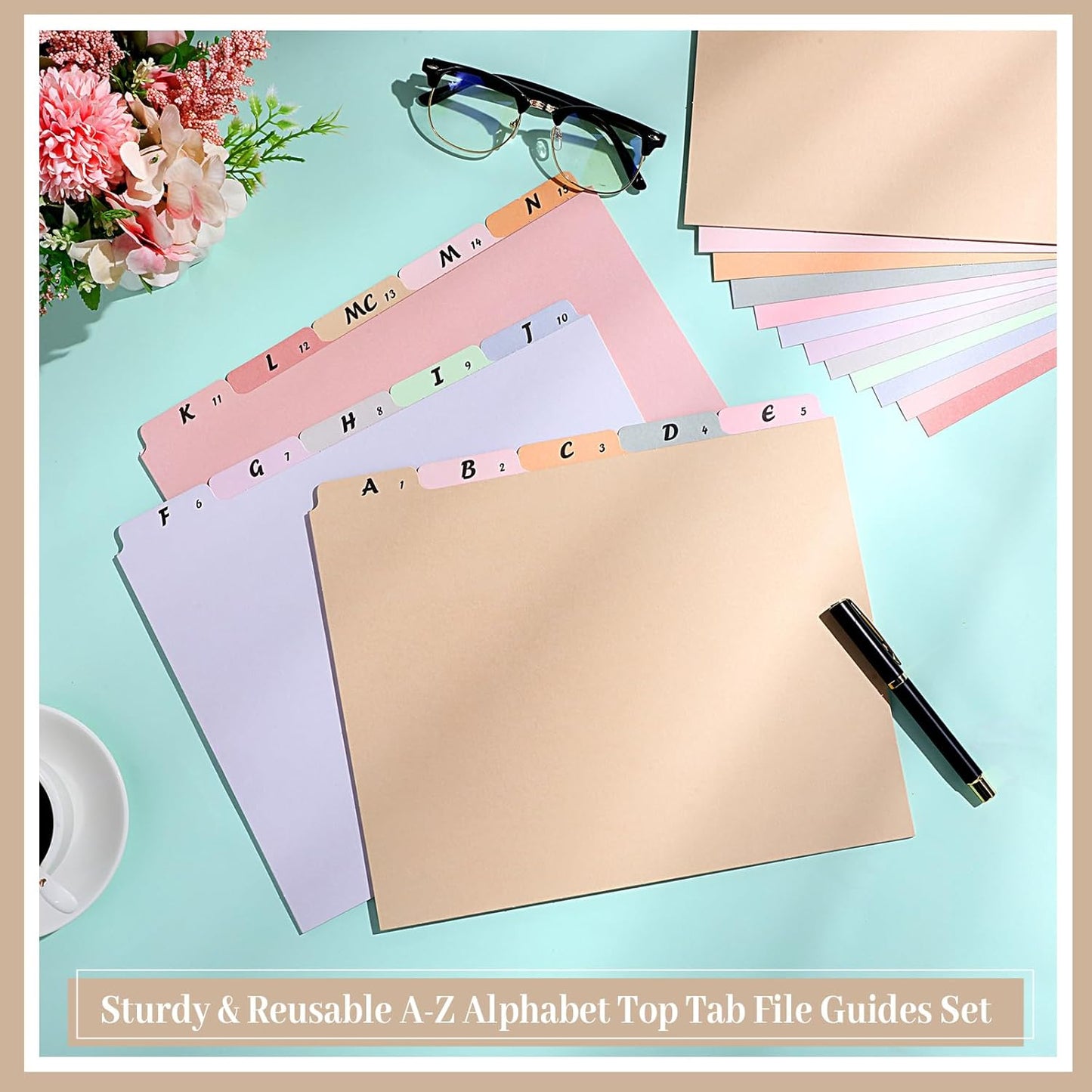 2 Set 50 Pcs Alphabet File Dividers Top Tab File Guides Set, Heavyweight A-z Letter Size Filing Cabinet Dividers 1/5 Cut Tab Desk Organizer for Work School Office(Classic Colors)