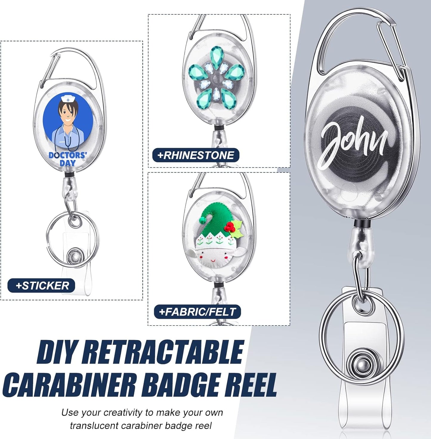 100 Pack Retractable Badge Reels Bulk Heavy Duty Badge Reel Holders with Carabiner Belt Clip and Keychain for Lanyard Card Nurse School Office Employee (Clear White)