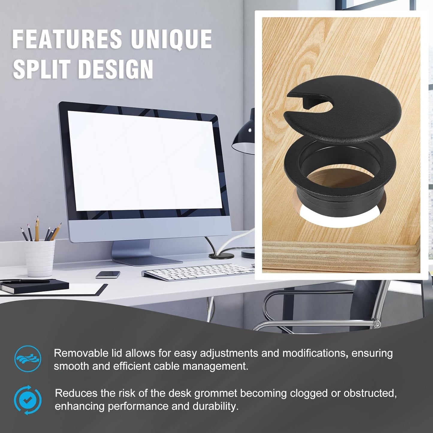 1-3/8" Black Desk Grommet with Bi-Metal Hole Saw, JTemgle Plastic Cable Hole Cover Computer Table Cord Wire Organizer Caps, Desktop Cord Management for Home Office TV Stands Tabletops, 7 Pieces