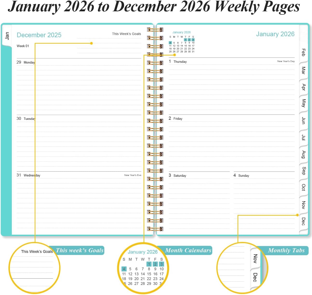2026 Planner - Weekly and Monthly Calendar Planner from Jan 2026 - Dec 2026, Planner 2026 Spiral Bound with 12 Monthly Tabs, Inner Pocket, Perfect for School Office Supplies, 6.4" x 8.5", Teal