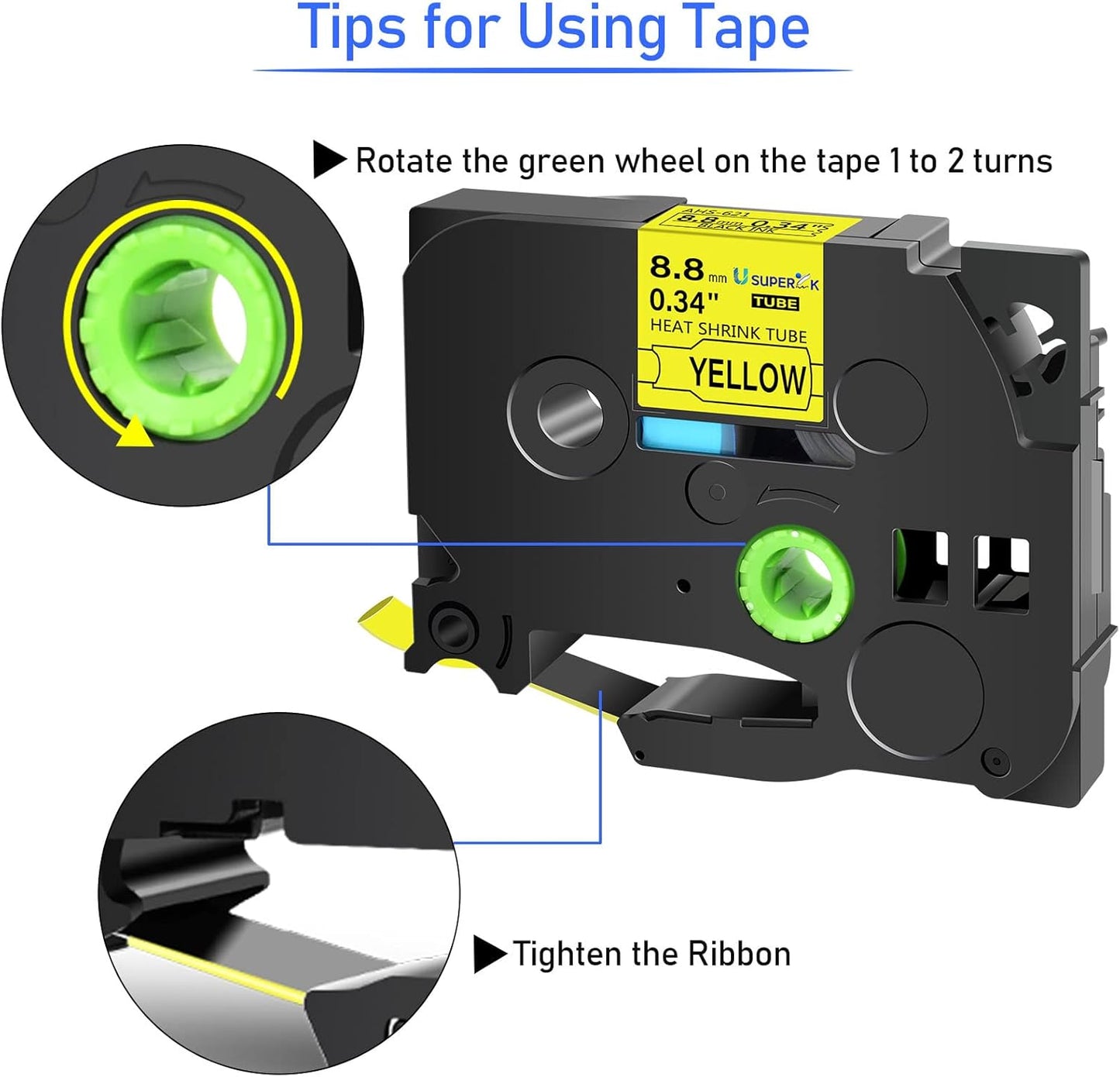 10PK Compatible for Ptouch HSe-621 HSe621 HS-621 HS621 Black on Yellow 8.8mm 0.34'' Heat Shrink Tubing for Wire Cable for PT300 PT-300B PT310 PT310B PT320 Label Maker Tape