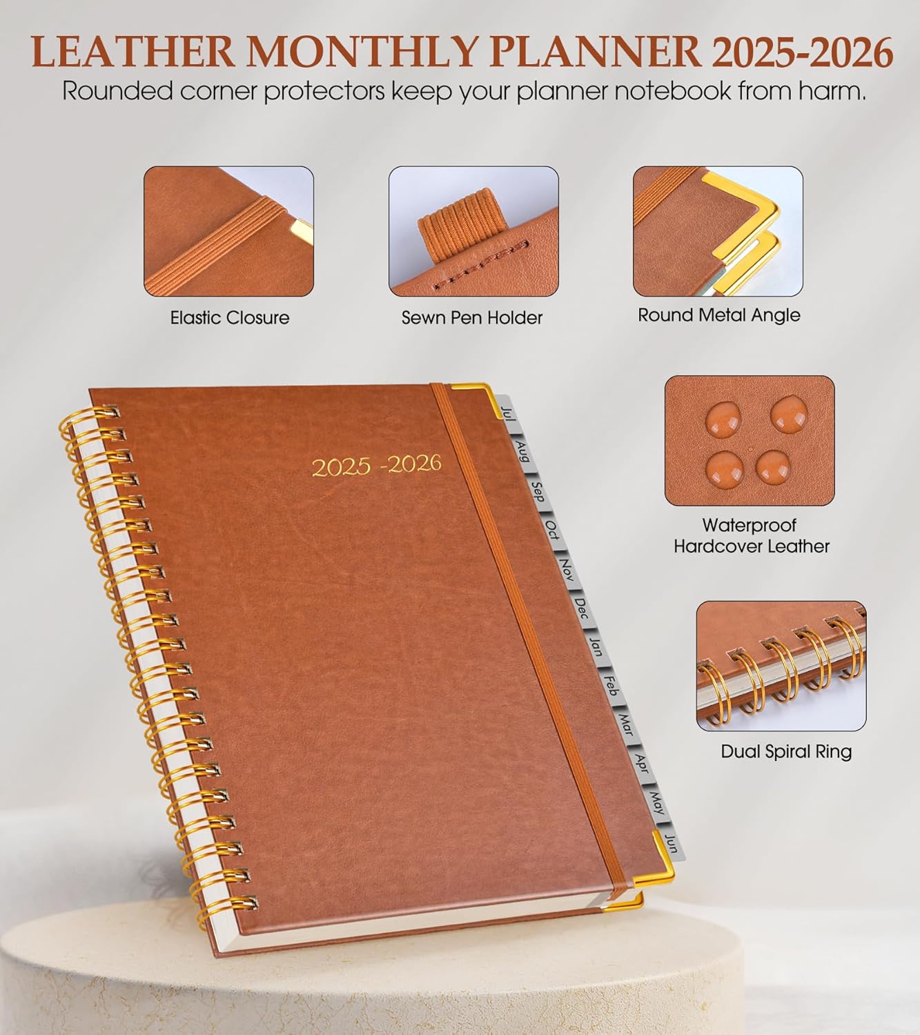 Academic Planner 2025-2026, Weekly and Monthly Calendar Planner from July 2025 - June 2026, 8.5" x 11" Hardcover Leather Hourly Appointment Book with Tabs, Spiral Daily Planners for College School Teacher Student, Brown