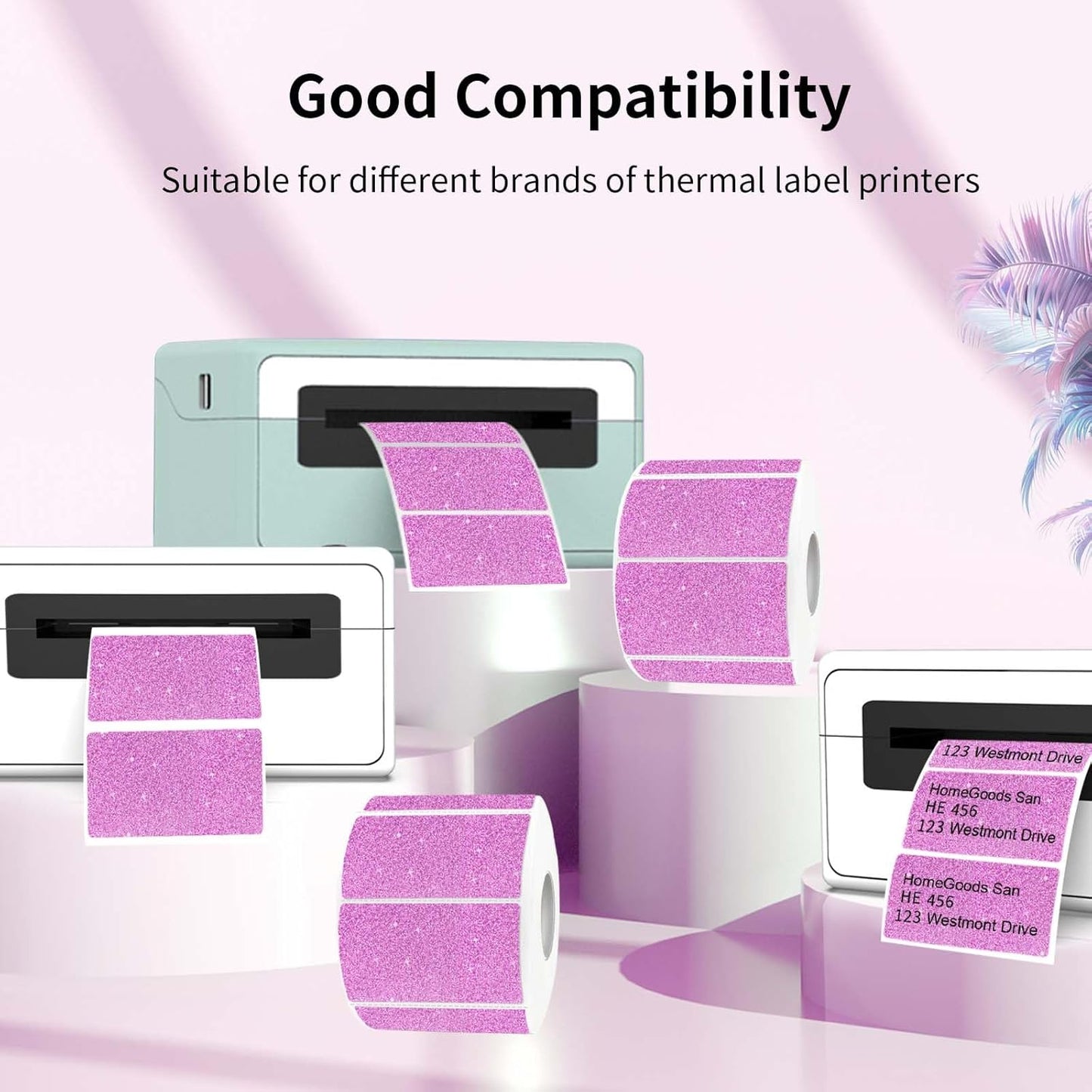 2.25"x1.25" Holographic Thermal Labels Stickers, Glitter Direct Thermal Printer Labels, Waterproof Self-Adhesive Address Shipping Label Stickers, 300 Sheet/ 1 Roll, Holographic Shiny Pink