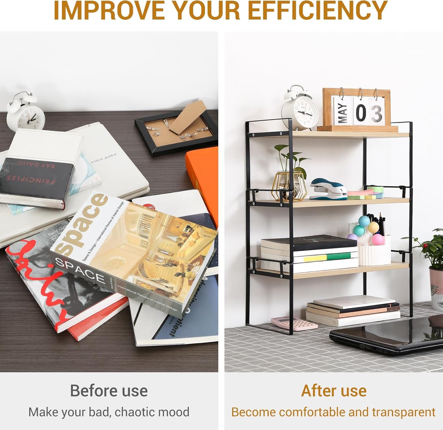 YGYQZ Wood Office Desk Shelf Organizer - Desktop Supplies Cute Dresser Top Organization Storage Rack and Cubicle Decor Aesthetic Bookshelf for Women Man and Kids (Black Wood-Three Tier)