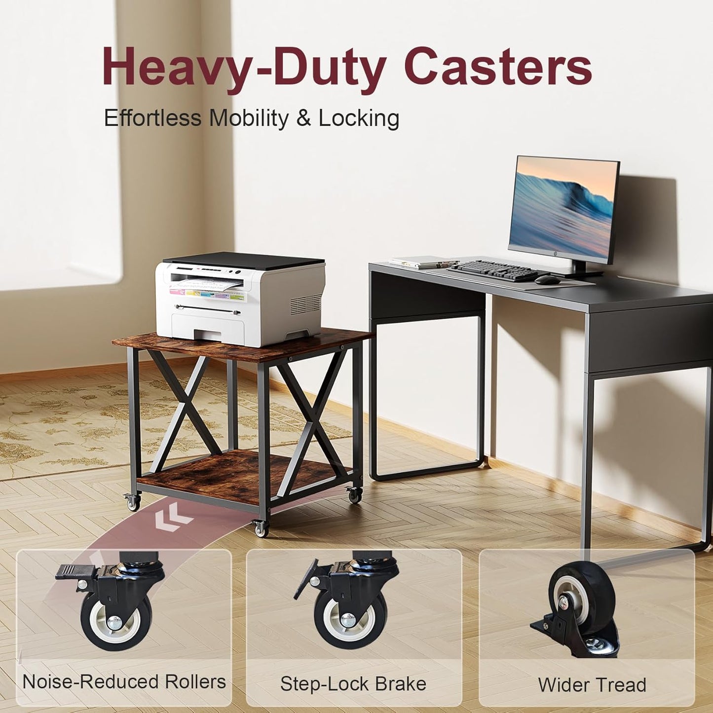 2-Tier Large Printer Stand with Storage Shelf, 23.6 x 23.6 Inches Printer Table, 2-Tier Rolling Cart with Industrial Wheels for Home Office, Mini Fridge, Laser, 3D Printer (Rustic Brown)