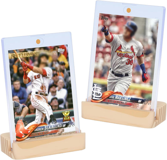 2 Pack Magnetic Card Holders for Trading Cards - 35pt Hard Plastic Card Protectors with 2 Wooden Stands, Baseball Trading Card Stands for Storage and Display, Card Case for MTG, Sports and Game Cards