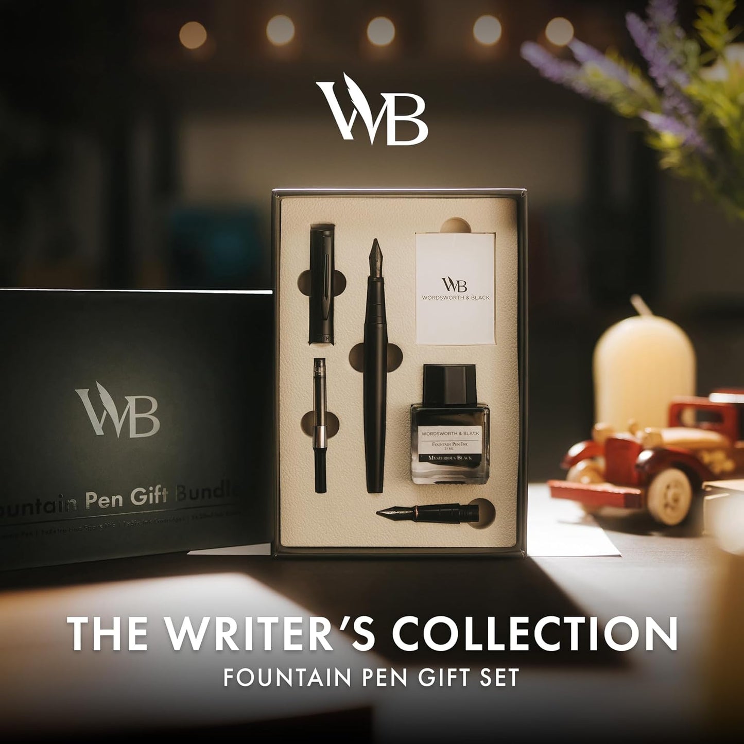 Wordsworth & Black Fountain Pen Set, 18K Gilded Medium and Extra Fine Nib, 25ML Black Ink Bottle, 6 Ink Cartridges,Refill Converter,Gift Box,Smooth Writing Pens [All Black],Gift Set for Men and Women