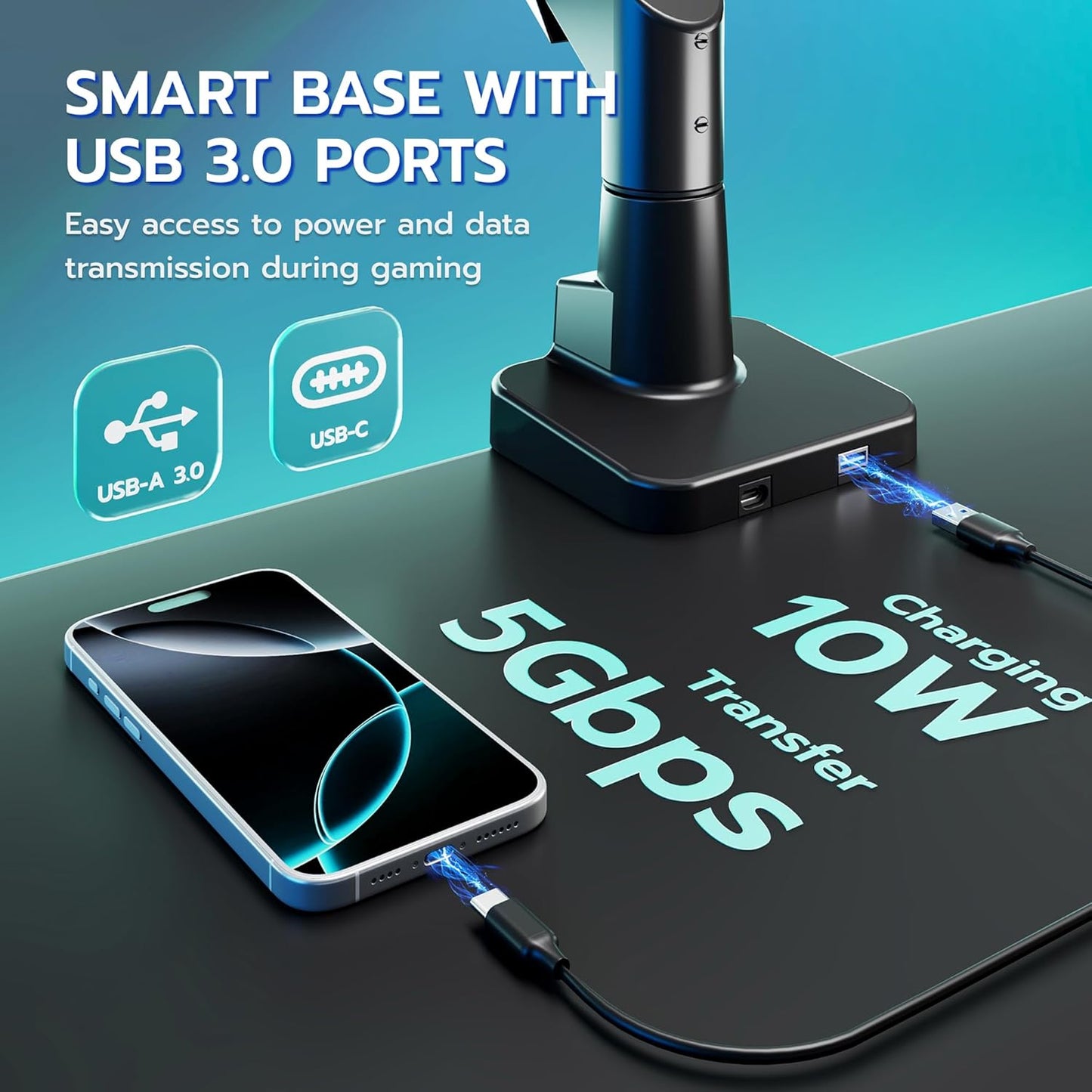 ARES WING Heavy Duty Ultrawide Monitor Arm - Gas Spring Aluminum Monitor Mount with USB for 24"-57" Curved Screens up to 66 lbs with Clamp/Grommet Desk Mount, 75/100/200 Vesa Mount, Black