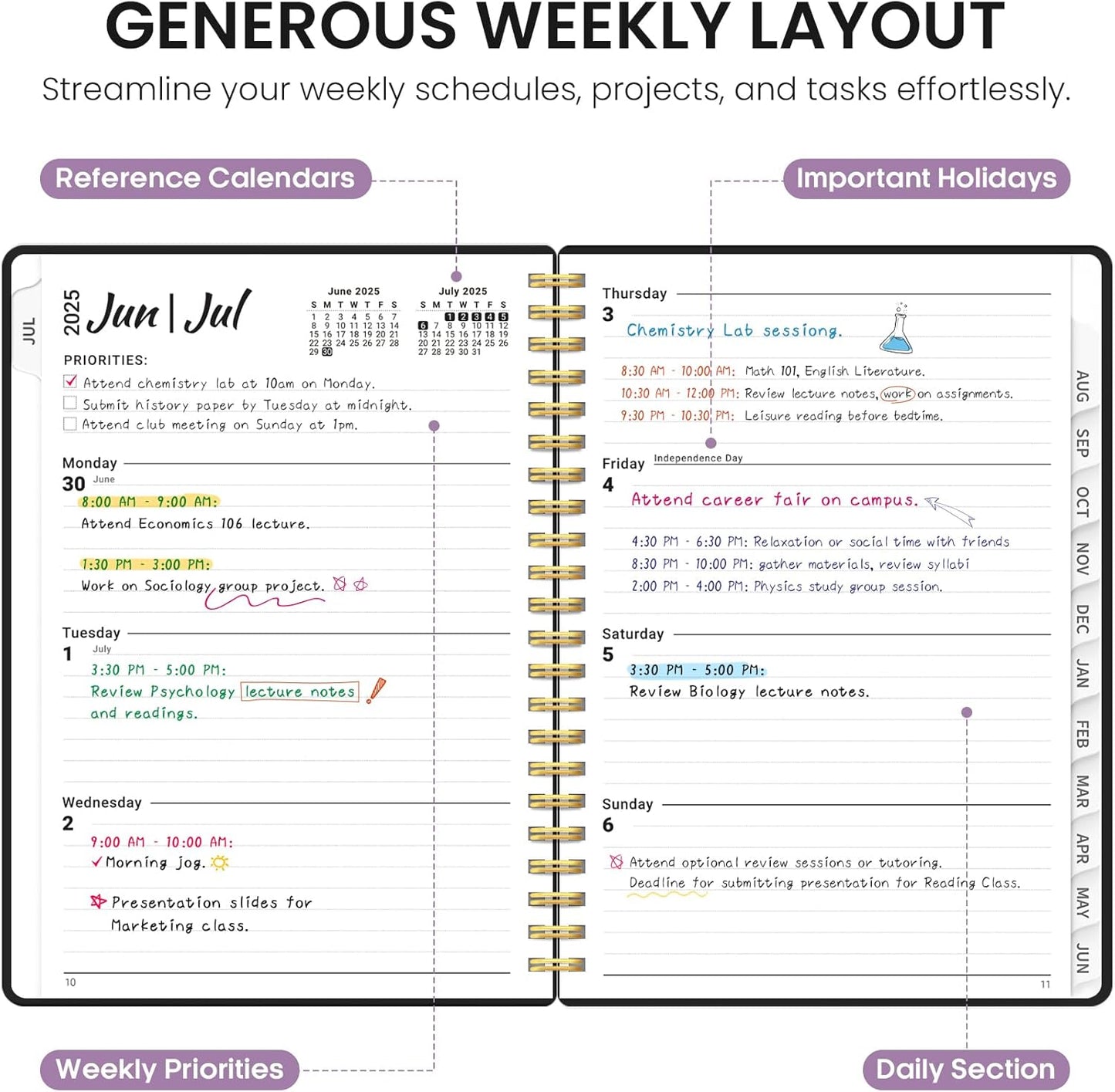 Planner 2025-2026, Academic Year Weekly and Monthly Calendar Planner, July 2025 - June 2026, Spiral Bound School Planning Tool, Perfect for Teacher, Student, Woman & Men - A4 (8.5" x 11"), Purple