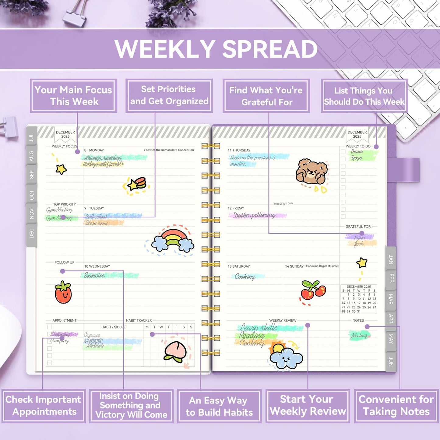 Planner 2025-2026, Academic Planners for Teacher & Student, AIMPEAK Weekly & Monthly Calendar Planner for Women, Daily Planners run from Jul.2025 - Jun.2026, Monthly Tabs, Spiral Binding, Purple Garland, 5.5"x8.5"