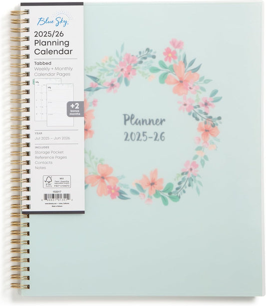 Blue Sky 2025-2026 Weekly and Monthly Academic Year Planner Calendar, July 2025 - June 2026, 8.5" x 11", Flexible Cover, Wirebound, Laminated Tabs, Storage Pocket, Laurel