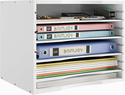 Bamjoy Bamboo 5 Tier Desktop Organizer, Paper Organizer Mail Sorter, File Holder Letter Document Storage with Adjustable Shelves for School Home Office, White
