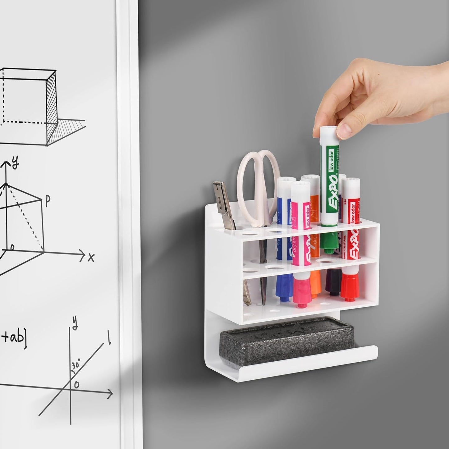 Dry Erase Marker Holder, Wall Mounted Acrylic Marker Holder with 10 Slots, Sticky Pen Storage for Classroom Organization, Whiteboard, Office, White