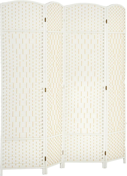 HOMCOM 4 Panel Room Divider, 6' Tall Folding Privacy Screen, Hand-Woven Freestanding Wall Partition for Home Office, Bedroom, White