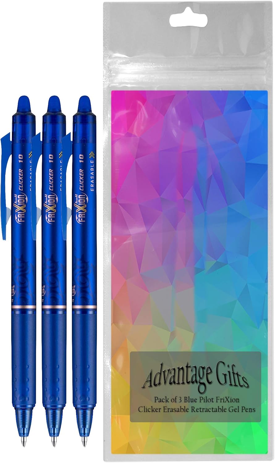 FriXion Clicker Retractable Erasable Gel Pen, Blue, Bold Point, 3-pk; Bundle with Plastic Reusable Pouch