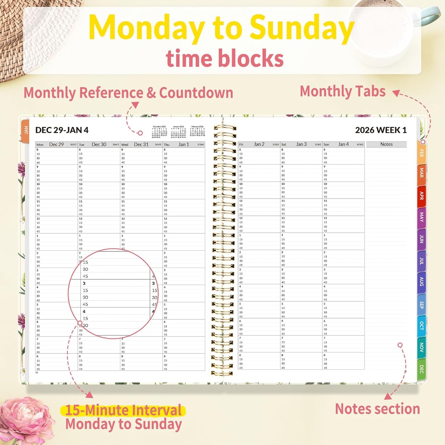 SUNEE 2026 Appointment Planner 15-Minute Time Block – Weekly & Monthly Spiral Organizer with Note Section – Thick Paper, Lay-Flat Bound – 8.5 x 11 for Office, School, Salon, Men & Women, Wildflowers