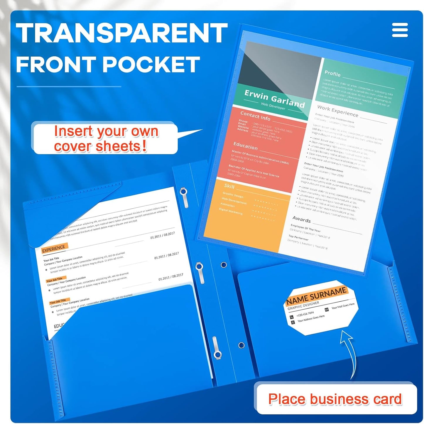 Henoyso 72 Pcs Plastic Folder with Clear Front Pocket and 3 Prong Plastic Folders with Card Slot Pocket Folders with Prongs for School Office (Blue)