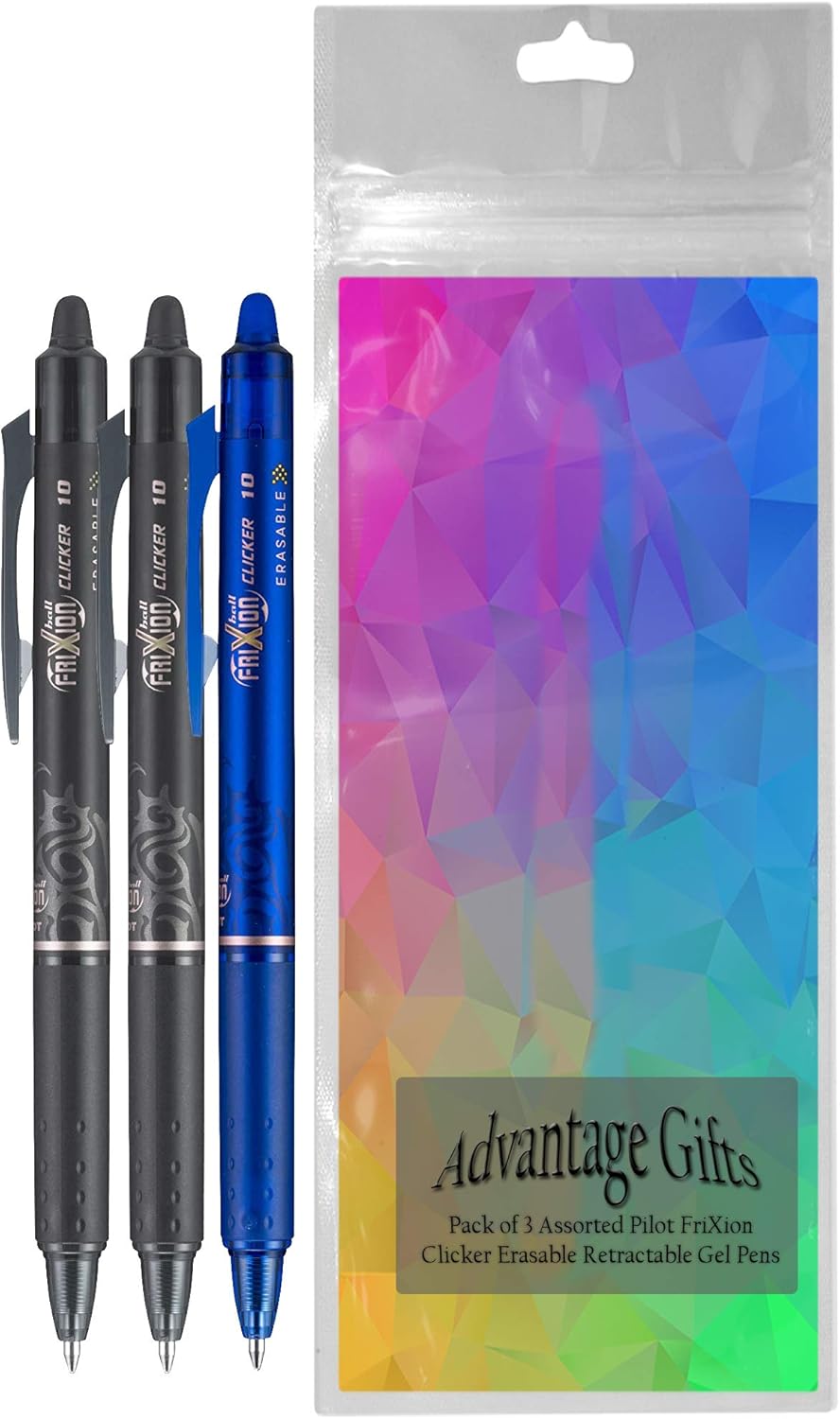 FriXion Clicker Retractable Erasable Gel Pen, Black/Blue, Bold Point, 3-pk; Bundle with Plastic Reusable Pouch
