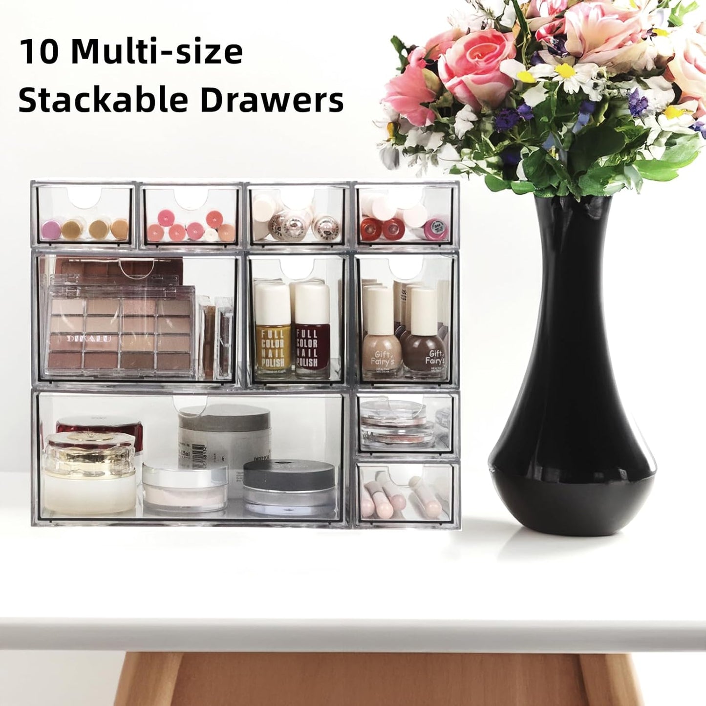 Acrylic Makeup Organizer, 10 Drawers Clear Storage Organizer Desktop Stackable Storage Drawers, Plastic Organizer Bins for Makeup, Stationery, Cosmetics, Vanity, Bathroom,Cabinet,Pantry Office Desk