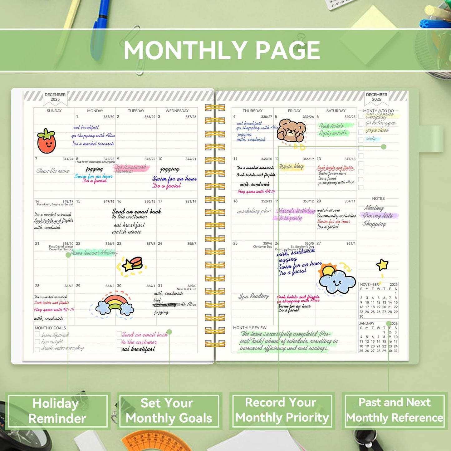 Planner 2025-2026, Academic Planners for Teacher & Student, AIMPEAK Weekly & Monthly Calendar Planner for Women, Daily Planners run from Jul.2025 - Jun.2026, Monthly Tabs, Green, 7"x10"