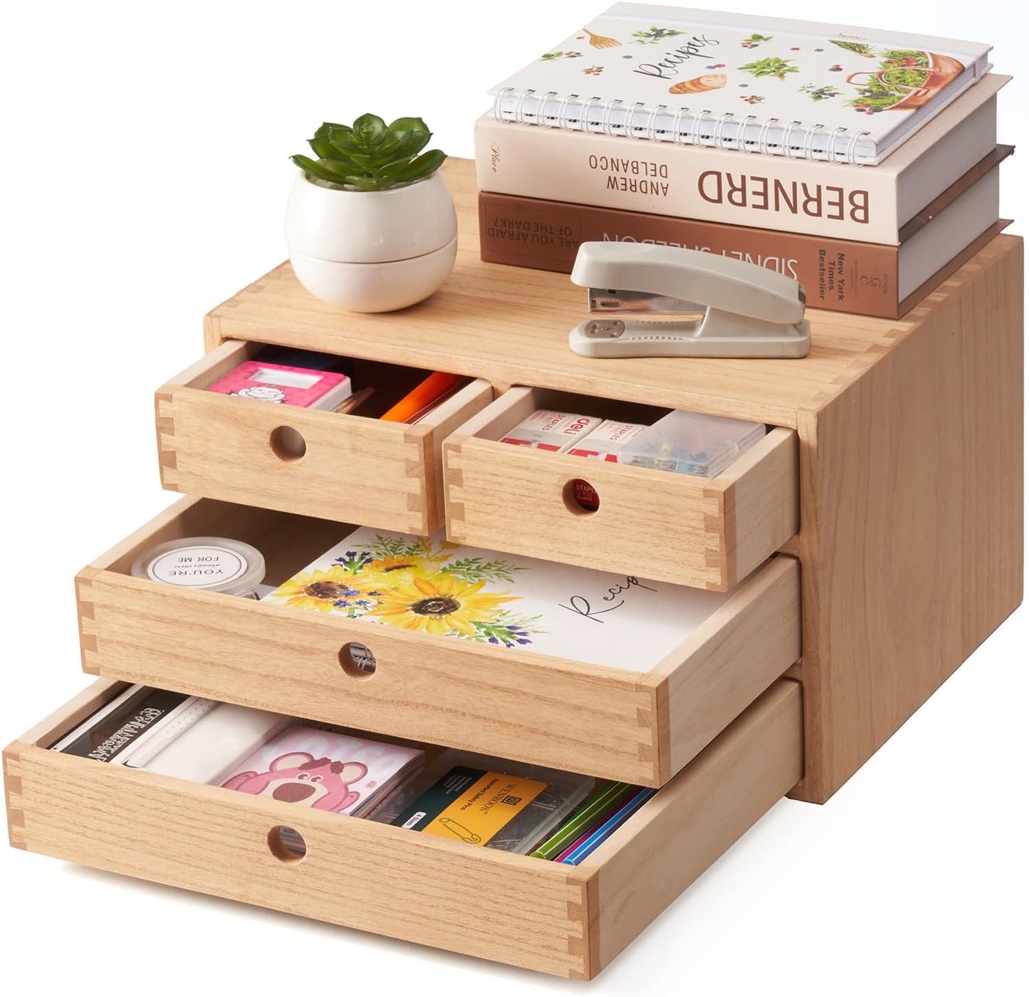 Kirigen Natural Wood Desktop Organizers with Drawers - Home Workspace Office Supplies Wooden Storage Box Shelf Case - Hold Makeup Box (NA, 3-Layer &4 Drawers)