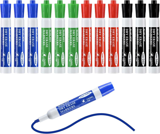 Dry Erase Markers, Chisel Tip Whiteboard Marker, Low Odor Thick Dry Markers, 12 Count 4 Assorted Color Markers for Kids/Teachers