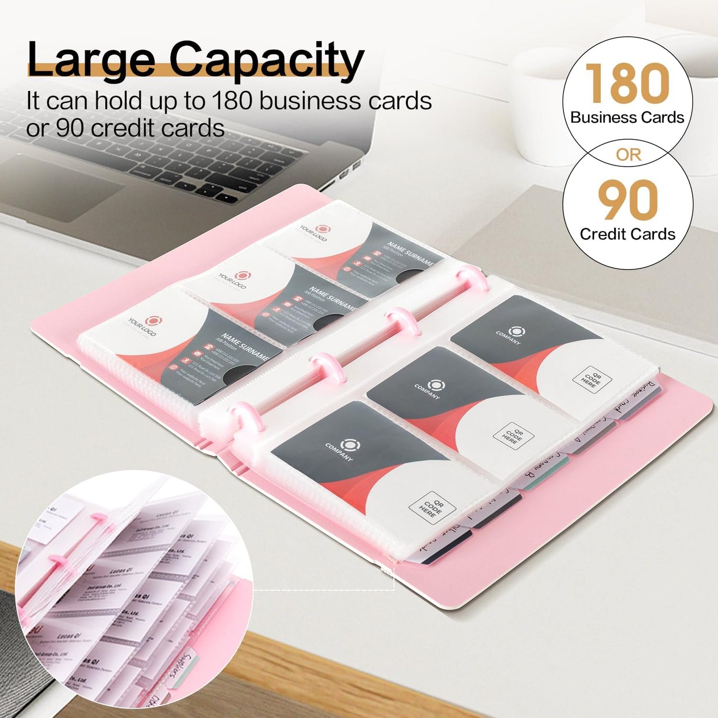 deli Business Card Book Holder, Business Card Organizer, Name Card Book Holder, Portable Office Business Card Holder, Hold 180 Cards, Pink