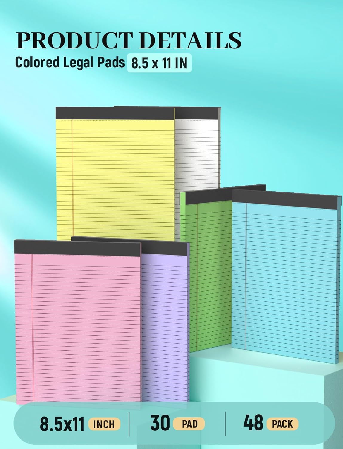 Colored Legal Pads, Yellow Legal Pads 8.5 x 11, 48 Pack Note Pads 8.5 x 11 Wide Ruled, Notepads 8.5 x 11 with Sturdy Back, Perforated Writing Paper Pads, Colored Lined Pads for Office, School, Home