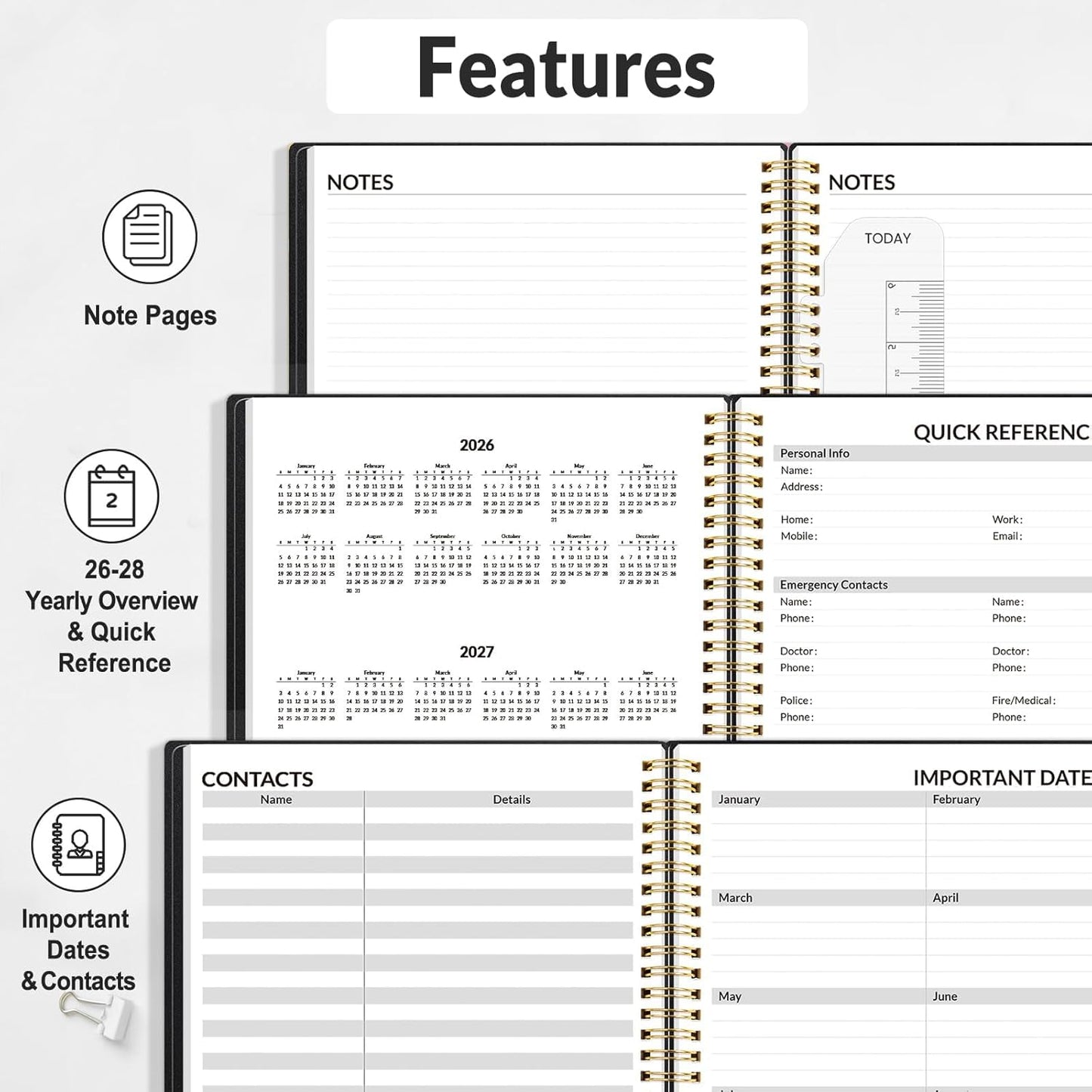 SUNEE 2026 Appointment Book, Quarter-Hourly, Weekly & Monthly - from January 2026 - December 2026, 8.5"x11" Weekly Planner, Flexible Cover, Note Pages, Pockets, Bookmark, Spiral Binding, Black