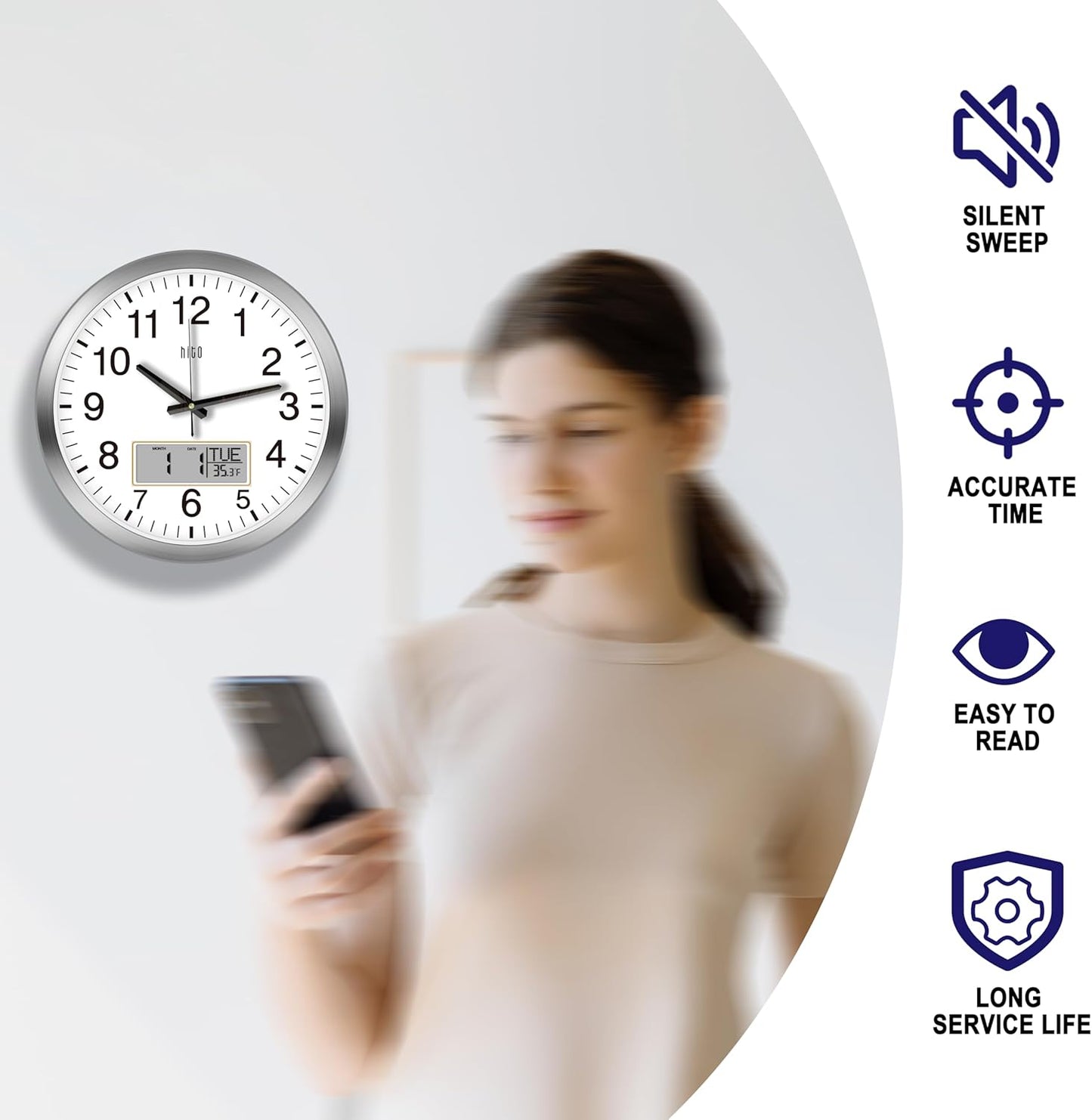 HITO 14 Inch Silent Wall Clock Battery Operated with Temperature and Date, Large Wall Clock for Living Room Decor, Office, Classroom, Bedroom