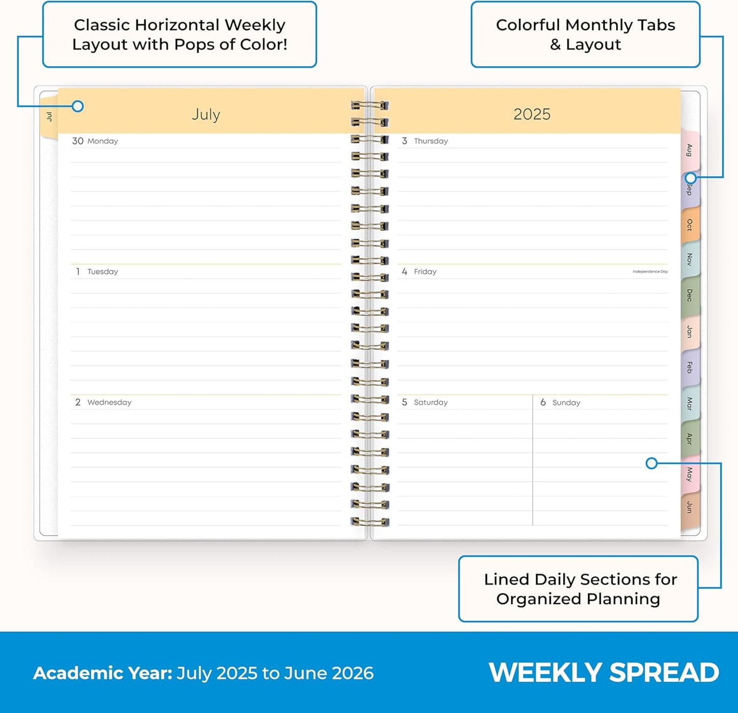 Blue Sky 2025-2026 Academic Year Weekly and Monthly Planner Calendar, July 2025 - June 2026, 12-Month, 5.8" x 8.6", Flexible Cover, Wirebound, Laminated Tabs, Storage Pocket, Borealis