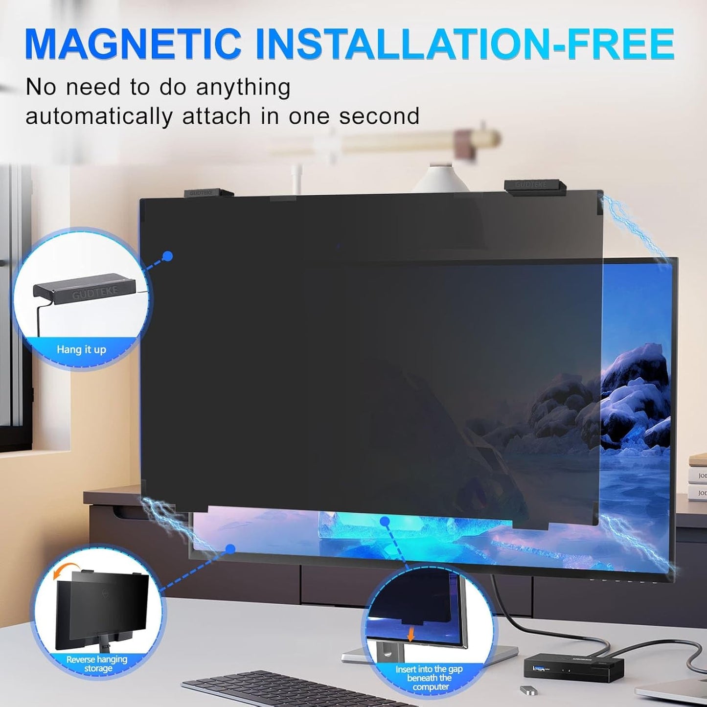 Magnetic 24 Inch Privacy Screen for Computer Monitor 16:9 Aspect Ratio, Hanging Removable Anti-Blue/Glare Protector Film, Anti Spy Desktop Security Private Filter 24in
