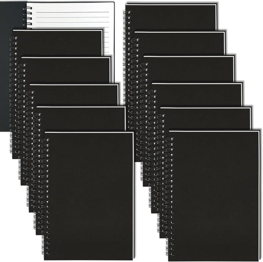 12Pack Small Spiral Notebook A5, 8.25x5.5” 120 Lined Pages Black Wide Ruled Spiral Journal Bulk Blank Kraft Cover Spiral Bound Notebook & Writing Pads for Home Office Meeting Work Note Taking