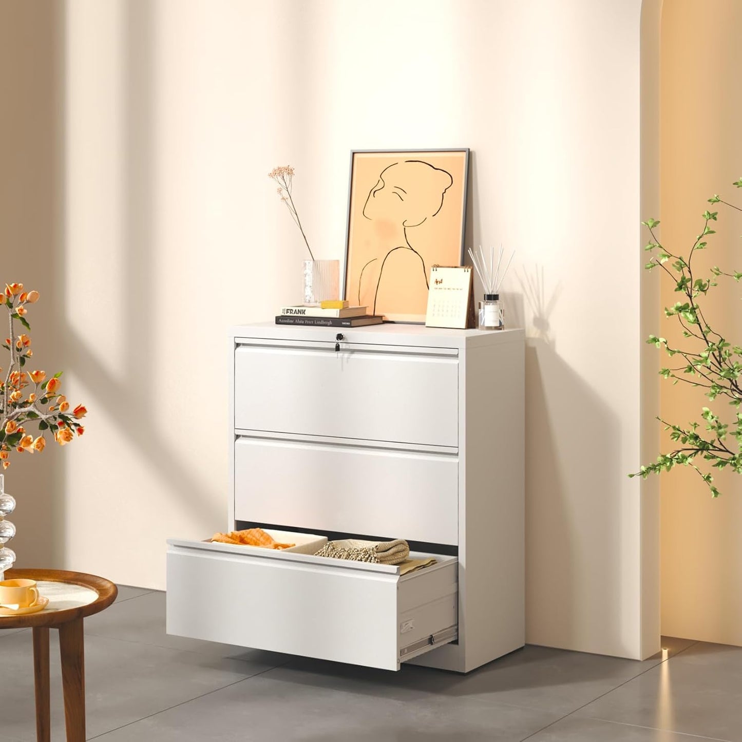 3 Drawer Lateral File Cabinet with Lock, Metal Lateral Filing Cabinet for Home Office, Steel Wide Horizontal Filing Cabinets for Letter/Legal/A4/F4 Hanging Files (White)