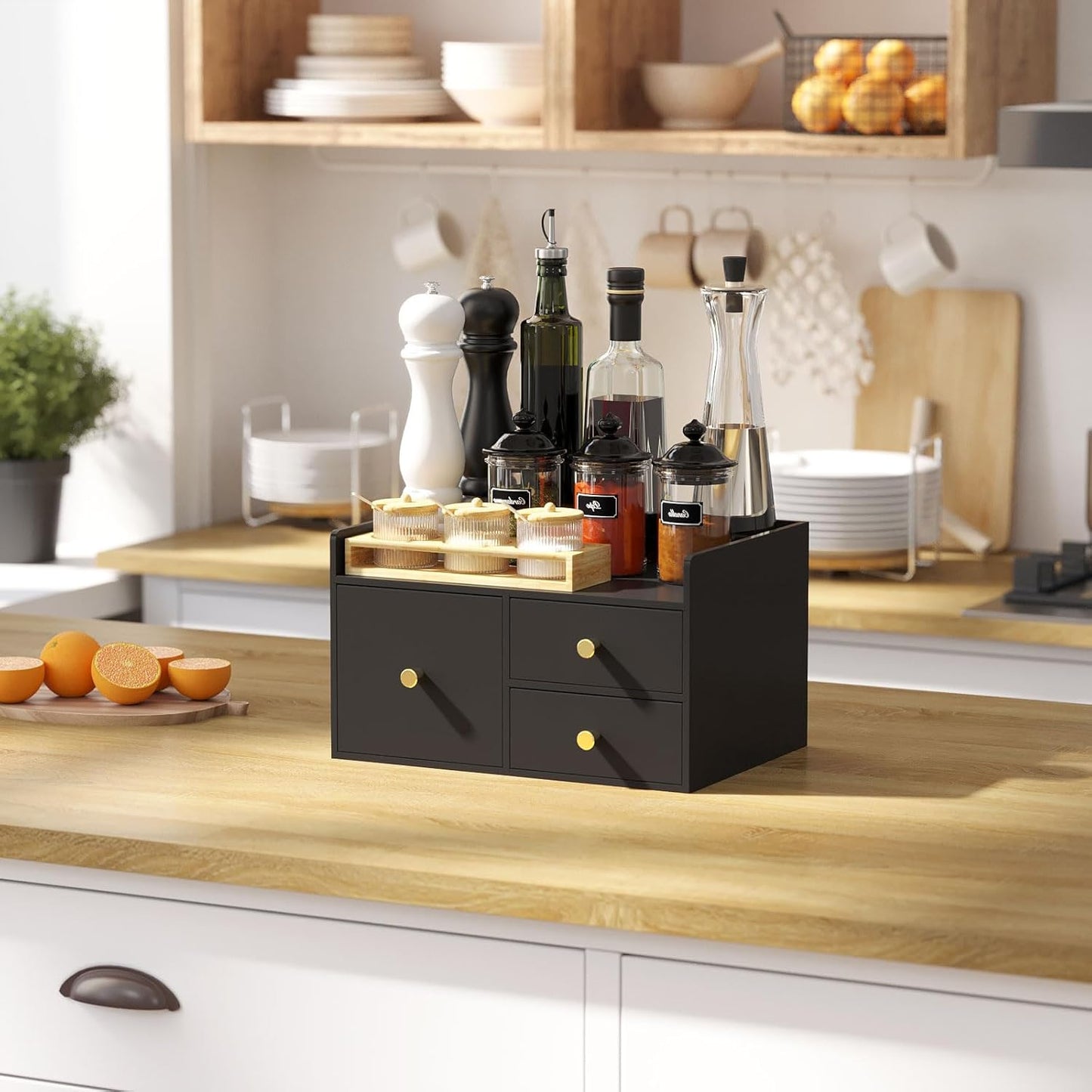 Bamboo Desk Organizer with Drawers Wooden Desktop Storage Organization Box for Bills Office Supplies Kitchen Utensils Organizing Tool for Home Classroom Vanity, No Assembly Required (3 Drawer, Black)