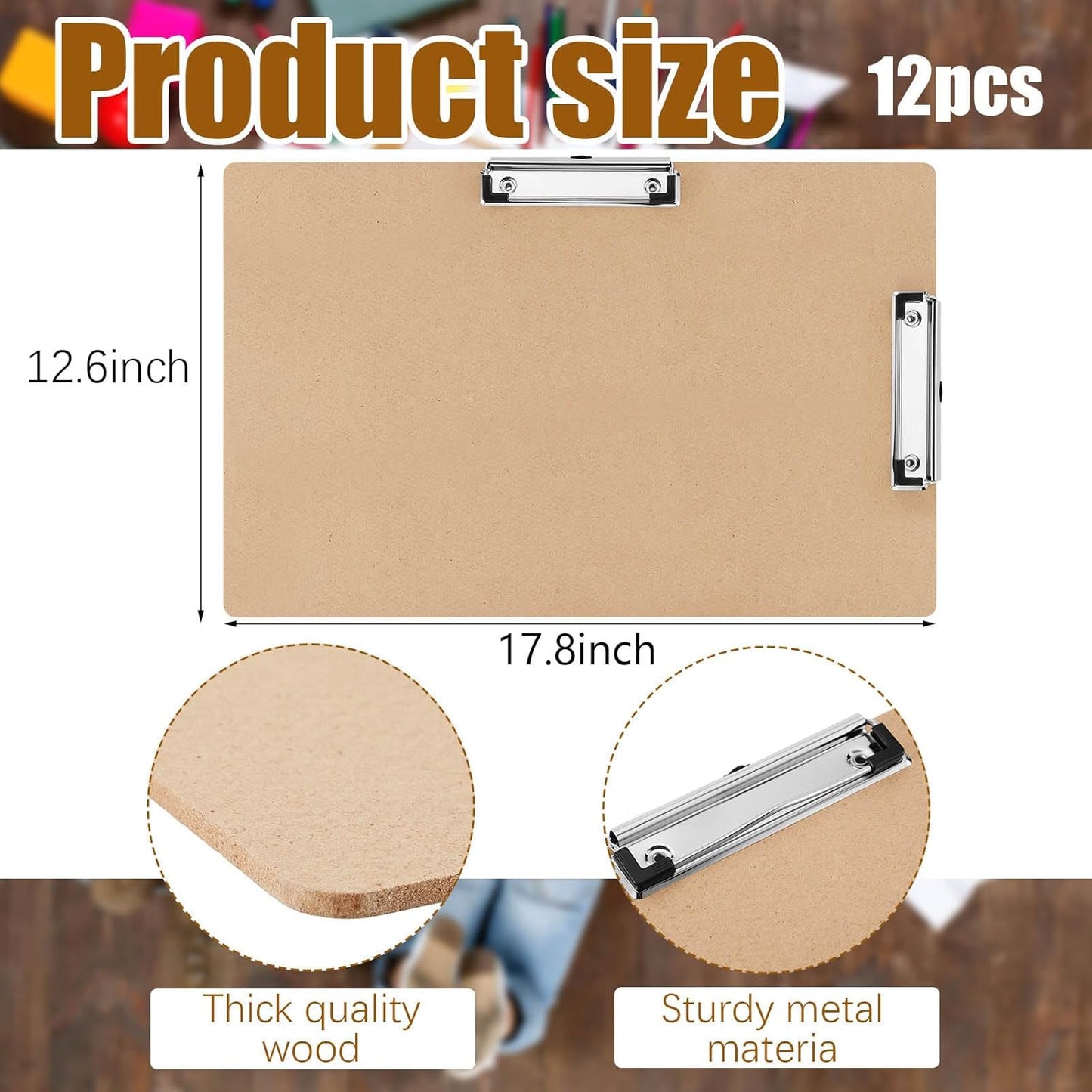 Henoyso 12 Pcs 11x17 Clipboard Wooden Lap Board with Low Profile Clip Brown Double Landscape Clip Hardboard Drawing Board Landscape Horizontal Large Clipboard for Desk Paper Sketching Art Supplies