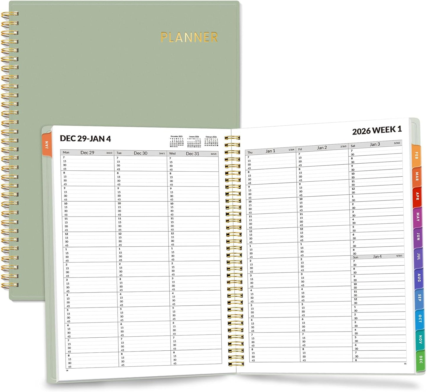 SUNEE 2026 Appointment Book, Quarter-Hourly, Weekly & Monthly - from January 2026 - December 2026, 8.5"x11" Weekly Planner, Flexible Cover, Note Pages, Pockets, Bookmark, Spiral Binding, Green