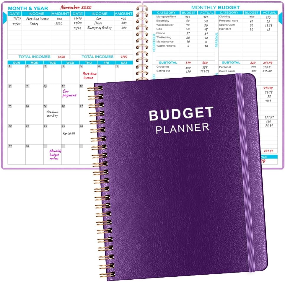 Budget Planner - 8" x 9.5" Monthly Budget Book with Expense Tracker Notebook, 2023-2024 Budgeting Book and Financial Planner to Control Your Money. Large Size, PU Leather, Purple