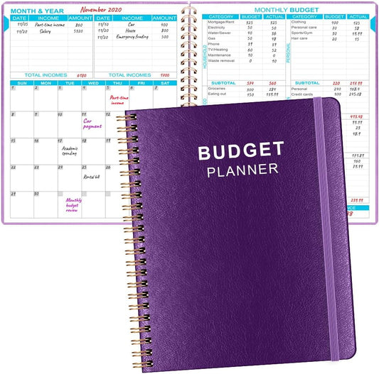 Budget Planner - 8" x 9.5" Monthly Budget Book with Expense Tracker Notebook, 2023-2024 Budgeting Book and Financial Planner to Control Your Money. Large Size, PU Leather, Purple